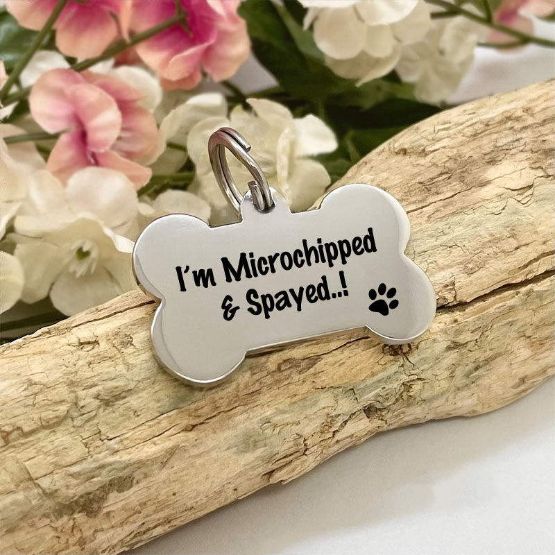 Dog ID Tag Personalised Bone Shaped with I'M MICROCHIPPED AND SPAYED