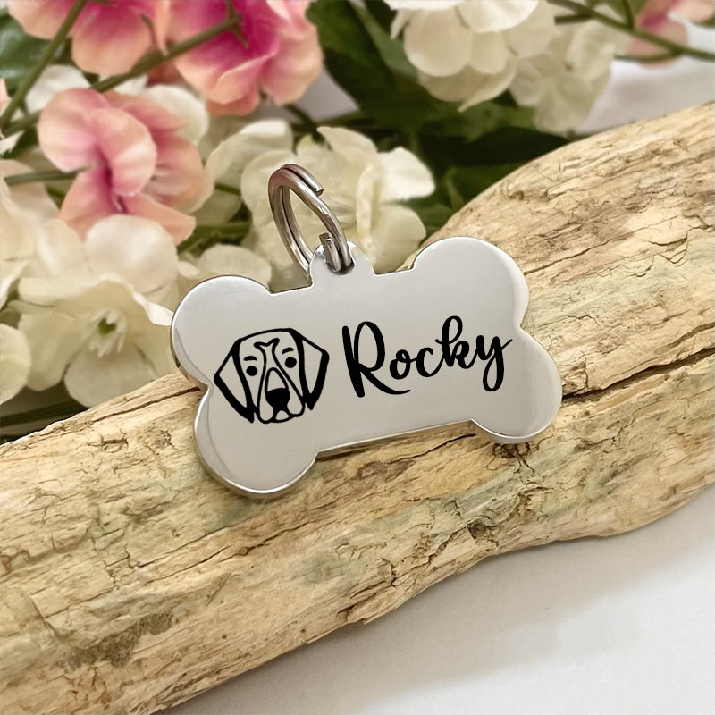 Dog ID Tag Personalised Bone Shaped with LABRADOR Face and your DOGS NAME