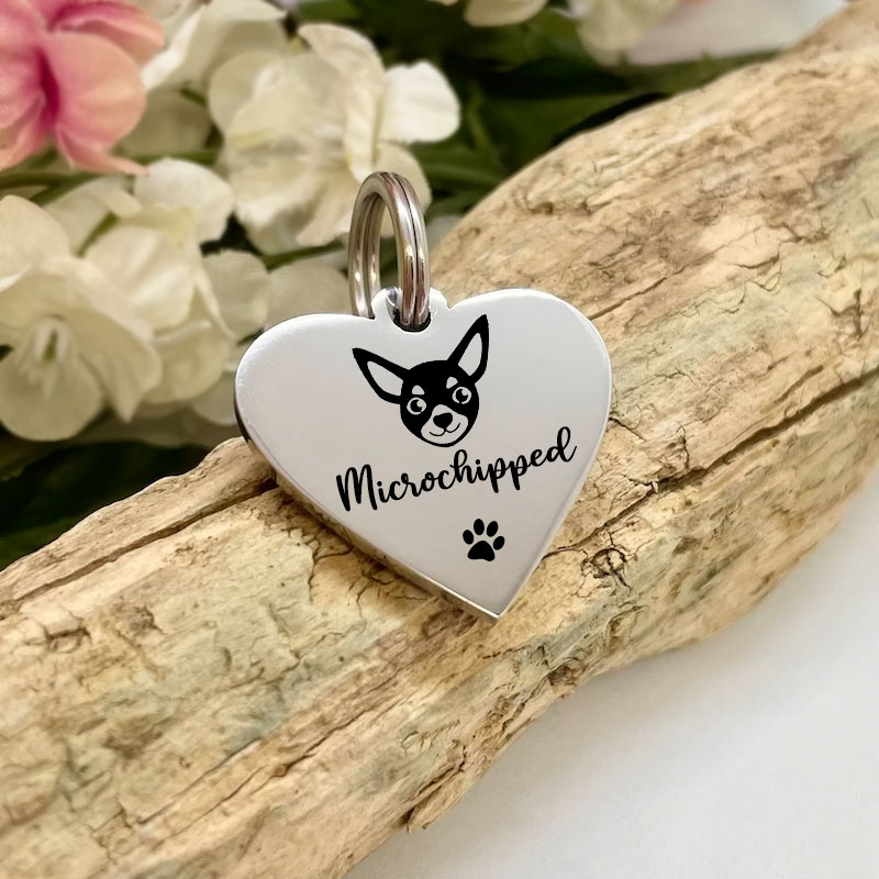 Pet ID Tag Personalised Heart Shaped with MICROCHIPPED and CHIHUAHUA face