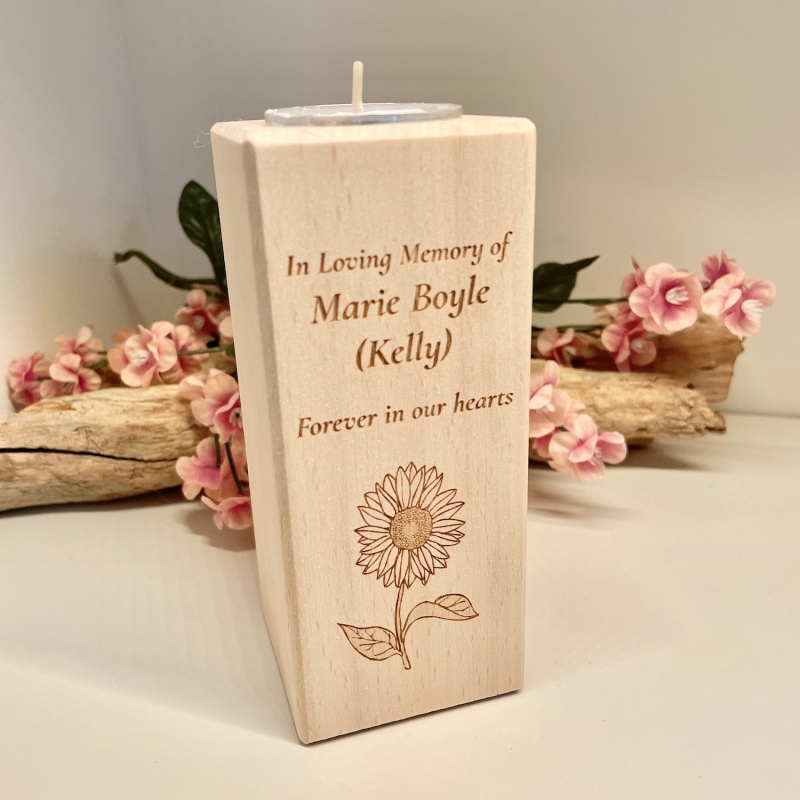 Personalised Tall Wood Block Candle holder to remember a loved one with Sunflower