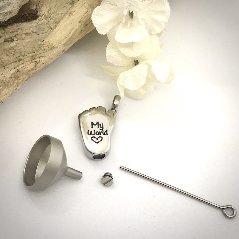 Cremation Ashes Urn Baby Feet Shaped Pendent for keepsake, necklace or bracelet personalised with your own words or design