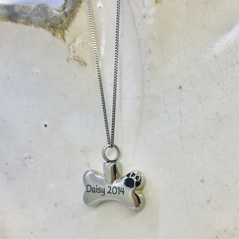 Cremation Ashes Urn Dog Bone Shaped for Pet keepsake, necklace or bracelet personalised with your own words or design