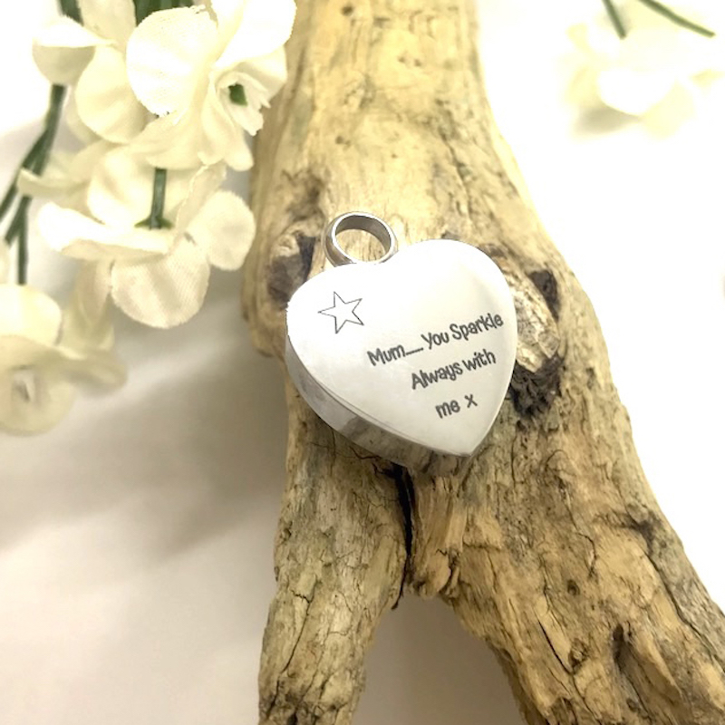 Cremation Ashes Urn Heart Shaped for keepsake, necklace or bracelet personalised with your own words or design