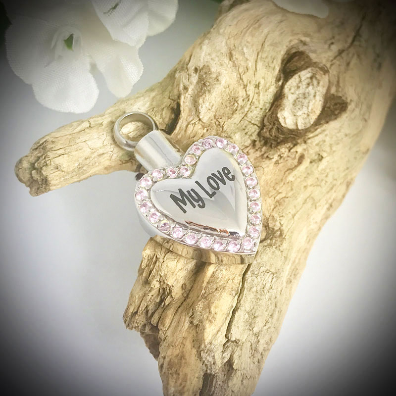 Cremation Ashes Urn Heart Shaped Pink Diamantes for keepsake, necklace or bracelet personalised with your own words or design