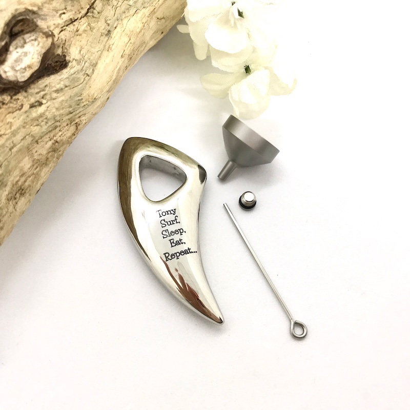 Cremation Ashes Urn Surfers Sharks Tooth Large Shaped Pendent for keepsake, necklace or bracelet personalised with your own words or design