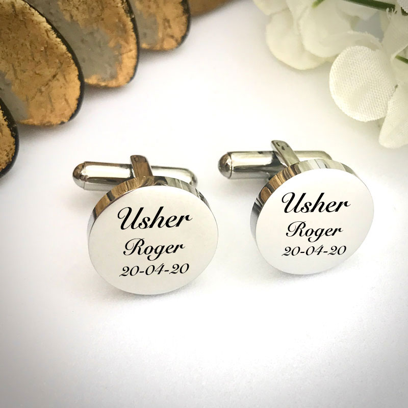Wedding Cufflinks Round Shaped personalised for weddings with USHER