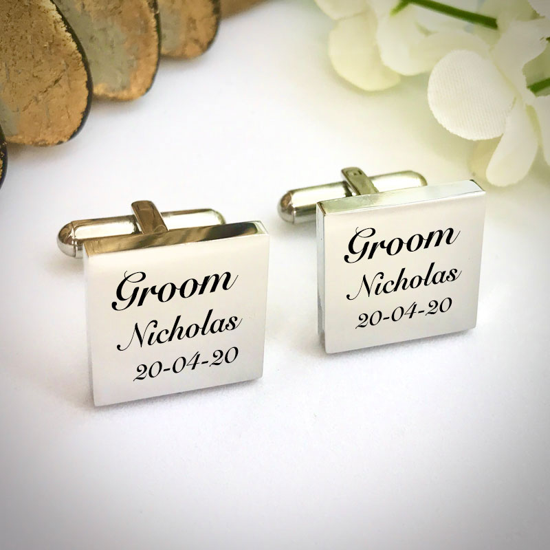 Wedding Cufflinks Square Shaped personalised for weddings with GROOM