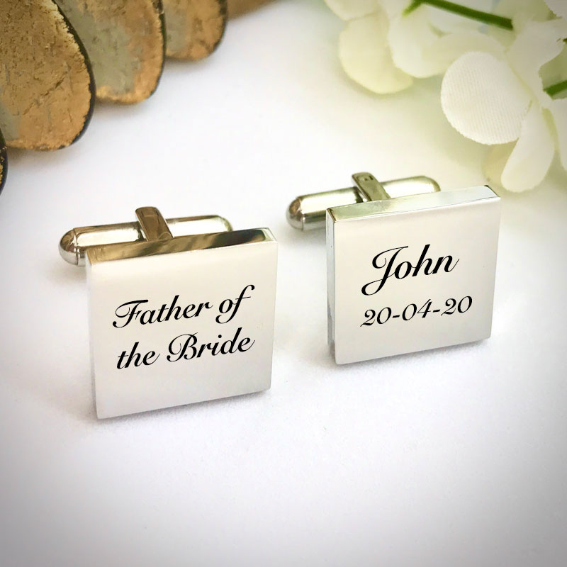 Wedding Cufflinks Square Shaped personalised for weddings with FATHER OF THE BRIDE