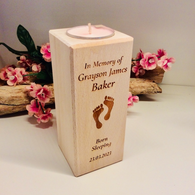 Personalised Tall Wood Block Candle holder to remember a loved one with little feet