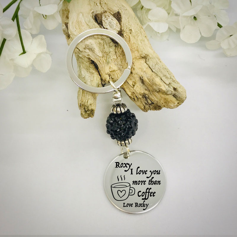 Personalised Keyring with Black Sparkle Bead Design - I LOVE YOU MORE THAN COFFEE