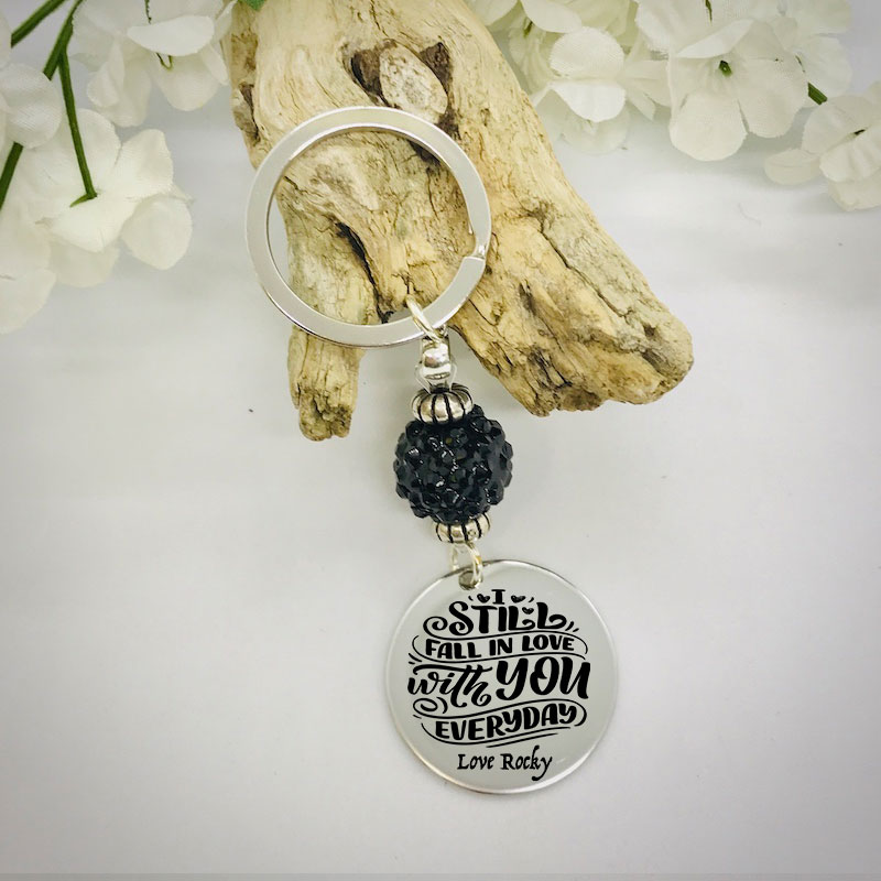 Personalised Keyring with Black Sparkle Bead Design - I STILL FALL IN LOVE WITH YOU EVERYDAY