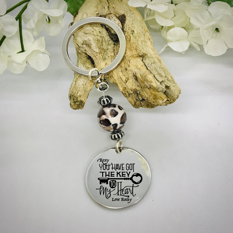 Personalised Keyring with Leopard Print Bead Design - YOU HAVE GOT THE KEY TO MY HEART