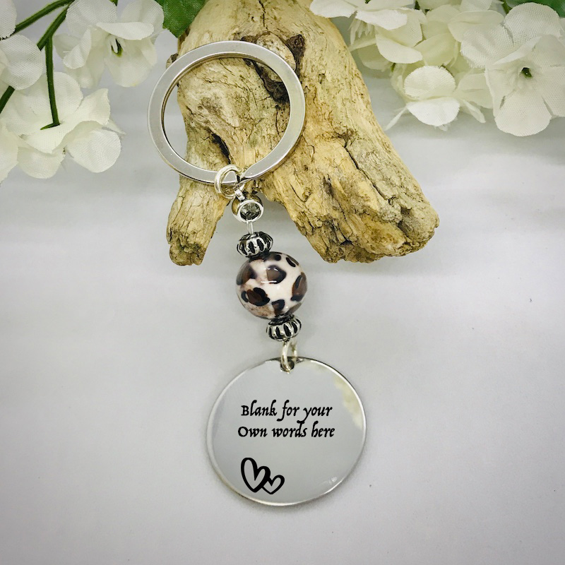 Personalised Keyring with Leopard Print Bead Design - CUTE HEARTS AND BLANK AREA FOR YOUR OWN MESSAGE