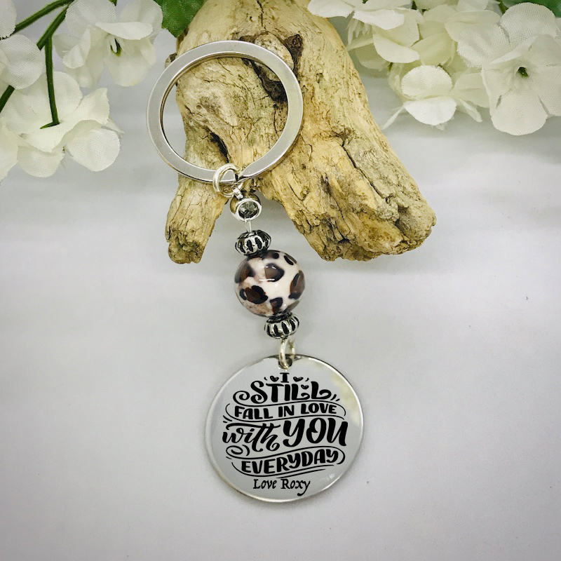 Personalised Keyring with Leopard Print Bead Design - I STILL FALL IN LOVE WITH YOU EVERYDAY