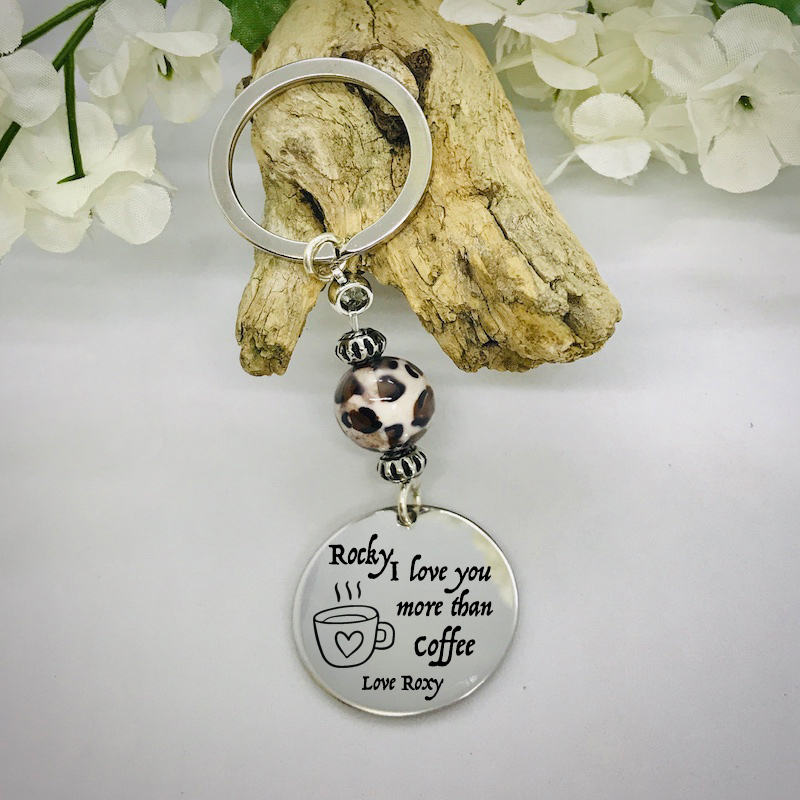 Personalised Keyring with Leopard Print Bead Design - I LOVE YOU MORE THAN COFFEE