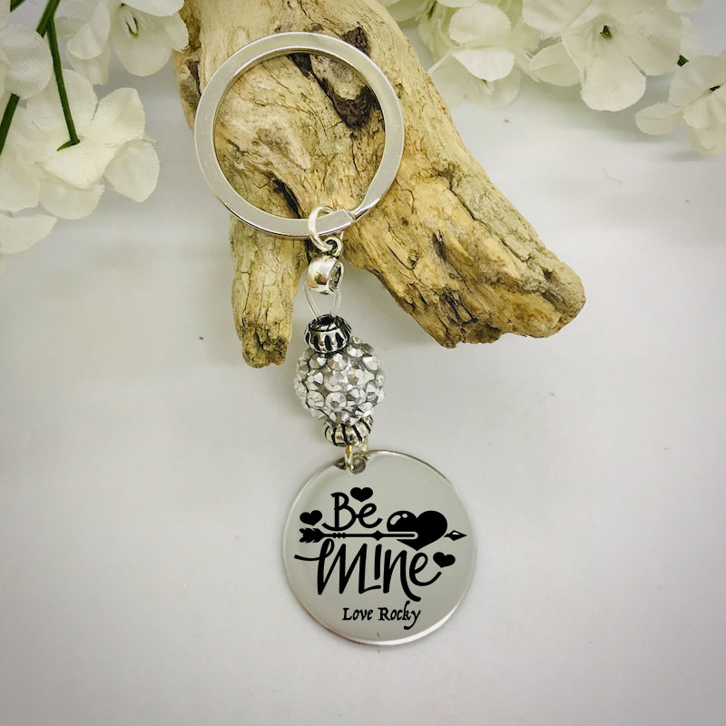 Personalised Keyring with Silver Sparkle Bead Design BE MINE