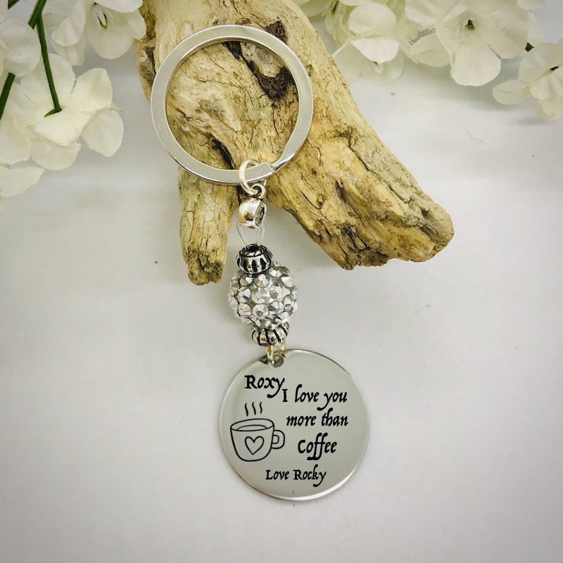 Personalised Keyring with Silver Sparkle Bead Design - I LOVE YOU MORE THAN COFFEE
