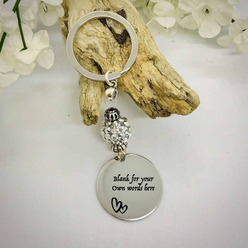 Personalised Keyring with Silver Sparkle Bead Design - CUTE HEARTS AND BLANK AREA FOR YOUR OWN MESSAGE