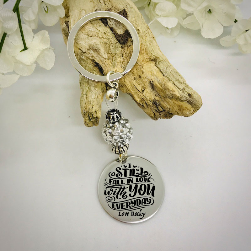 Personalised Keyring with Silver Sparkle Bead Design - I STILL FALL IN LOVE WITH YOU EVERYDAY