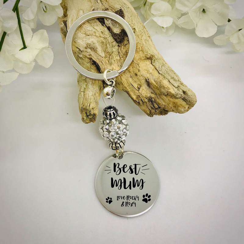 Personalised Keyring with Silver Sparkle Bead BEST MUM with PAW MARKS from the DOG or CAT