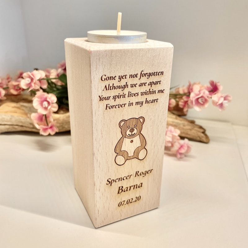 Personalised Tall Wood Block Candle holder to remember a loved one with Teddy Bear Tall