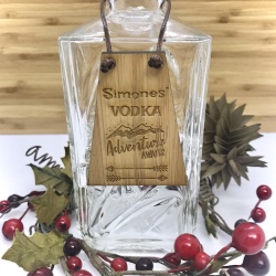 Vodka Bottle Tag Drinks Plaque in Bamboo ''Adventure Awaits'' Personalised with your own words