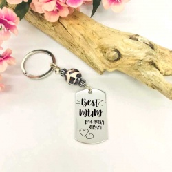Personalised Rectangular Shape Keyring with Leopard Bead BEST MUM with CUTE HEARTS and NAMES