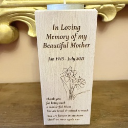 Personalised Tall Wood Block Candle holder to remember a loved one Daffodil design