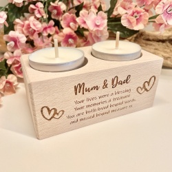Personalised Wood Block Double Candle holder to remember a loved one with hearts
