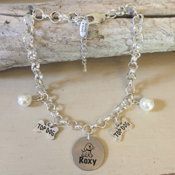 Personalised Dog Necklace POMERANIAN Design with Dog Name<br>Handmade with Silver-Plated Belcher Chain, Pet Name & Pearl Acrylic Beads