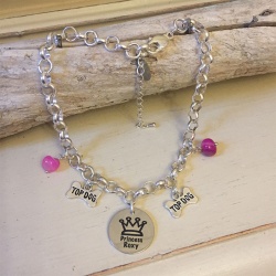 Personalised Dog Necklace Personalised with PRINCESS Design<br>Handmade with Silver-Plated Belcher Chain, Charms & Pink Agate Gemstones