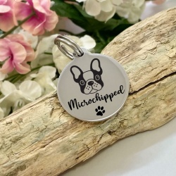 Dog ID Tag Personalised Round Shaped with MICROCHIPPED and FRENCH BULLDOG Face