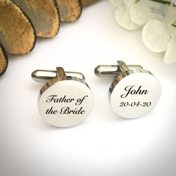 Wedding Cufflinks Round Shaped personalised for weddings with FATHER OF THE BRIDE