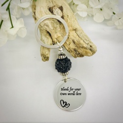 Personalised Keyring with Black Sparkle Bead Design - CUTE HEARTS AND BLANK AREA FOR YOUR OWN MESSAGE