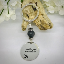Personalised Keyring with Grey Shiny Bead Design - CUTE HEARTS AND BLANK AREA FOR YOUR OWN MESSAGE